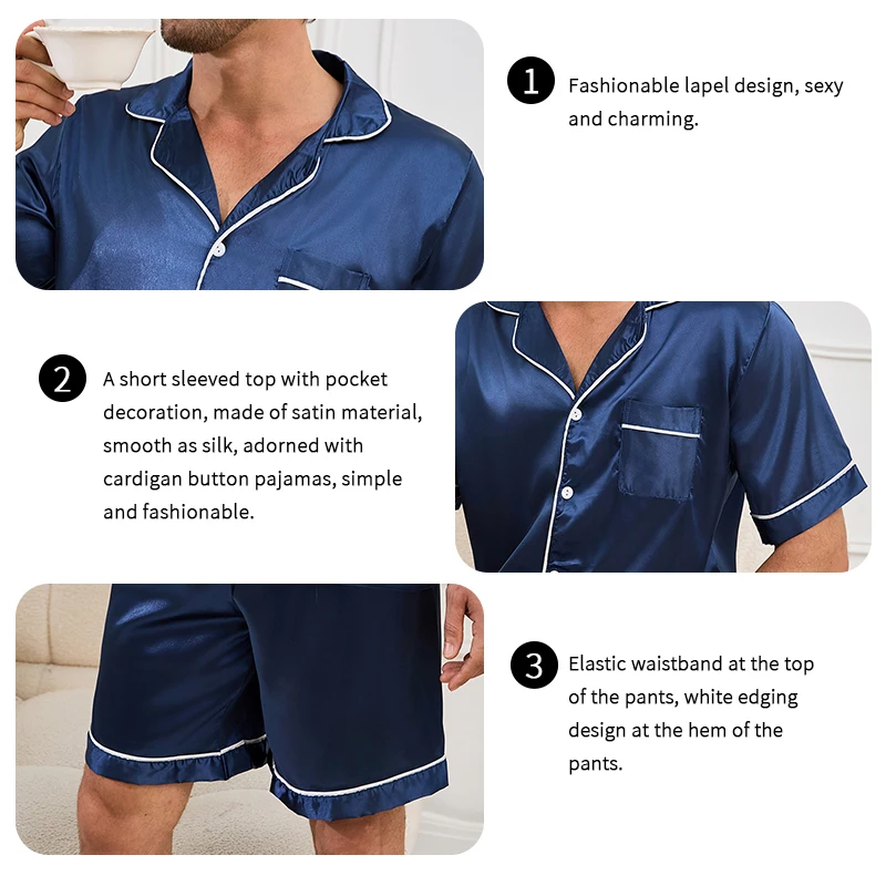 2pcs/Set Men\'s Pajamas Set For Summer Black Short Sleeve Button Down Shirt Top & Shorts Sleepwear Loungewear Shorts Suit Pyjamas