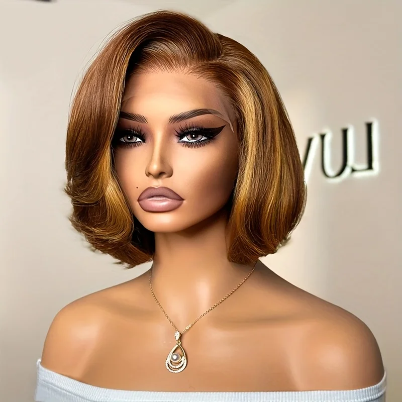 P4/27 Color Human Hair Ombre Brown Pixie Cut Bob Wig13x4 Transparent Lace Front 180% Density Straight Short Wigs for Women Party & Casual Attire Everyda