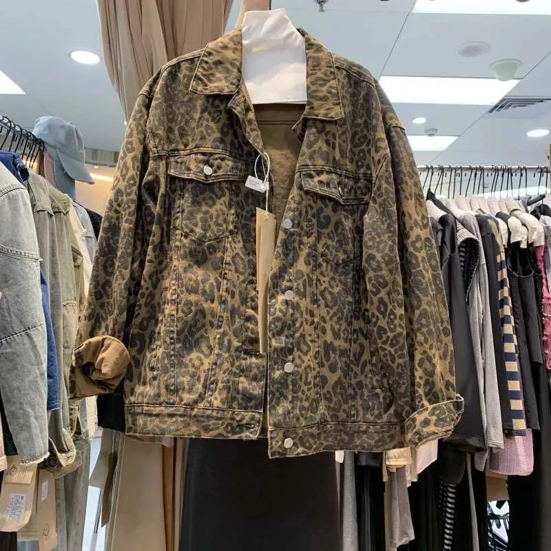 

American Retro Spice Leopard Print Jacket Denim Single-Breasted Coat Autumn Loose Comfortable Joker Top women's Coat JJ144