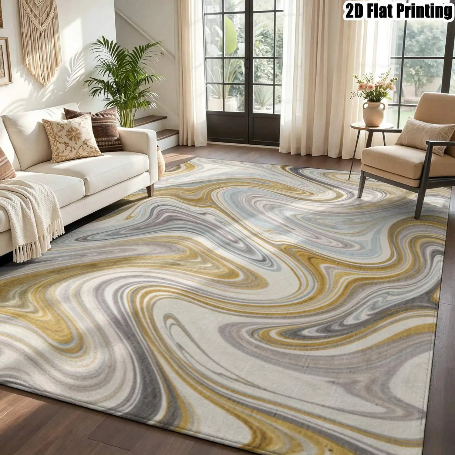 1Pc 2D Printed Carpet: Light Brown-Grey Fluid Texture, Modern and Simple, for Instagram Home Decor, Multi-Scene Use, Machine Washable, Multiple Sizes