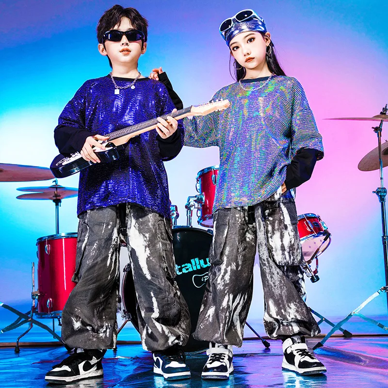 Kids Kpop Stage Outfit Street Wear Sequins Top Tie-dyed Pants For Girls Jazz Dance Costumes Boys Hip Hop Clothing Rave Wear 9604