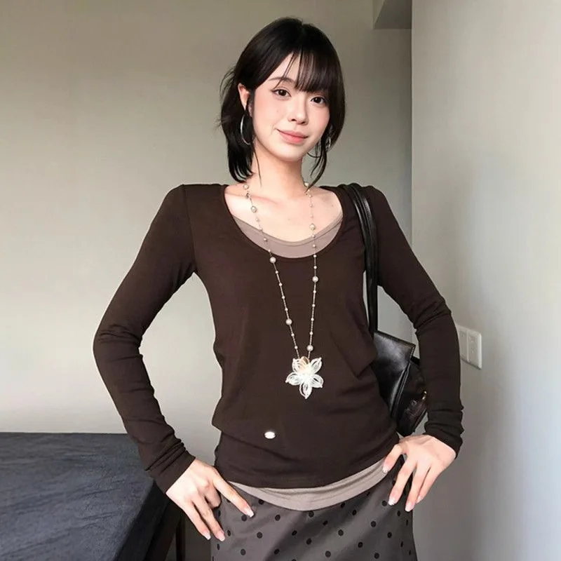 Korean Lazy Fake Two Piece U-neck Long Sleeve T-shirt Women Y2k Autumn Slim Fit Chic Contrast Color Splicing Basic Shirt Top