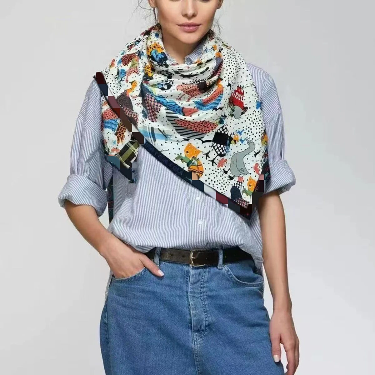 Pañuelo Cuadrado de Lujo con Diseño Artístico de Flores de Verano, 120 cm, Tamaño Extra Grande, Estampado de Animales y Puntos, para Mujer
