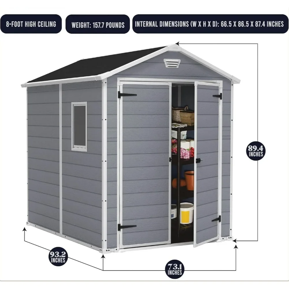 Manor 6x8 Ft All-Weather Heavy-Duty Resin Outdoor Storage Shed with Double Lockable Doors, Floor Panel, & Built-in Ventilation