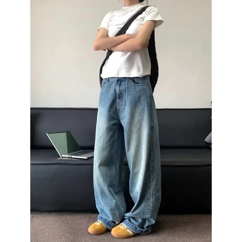 Deeptown Vintage Basic Women Jeans Wash Wide Leg Straight Denim Pants Korean Fashion Baggy Casual Harajuku Trousers Autumn Retro