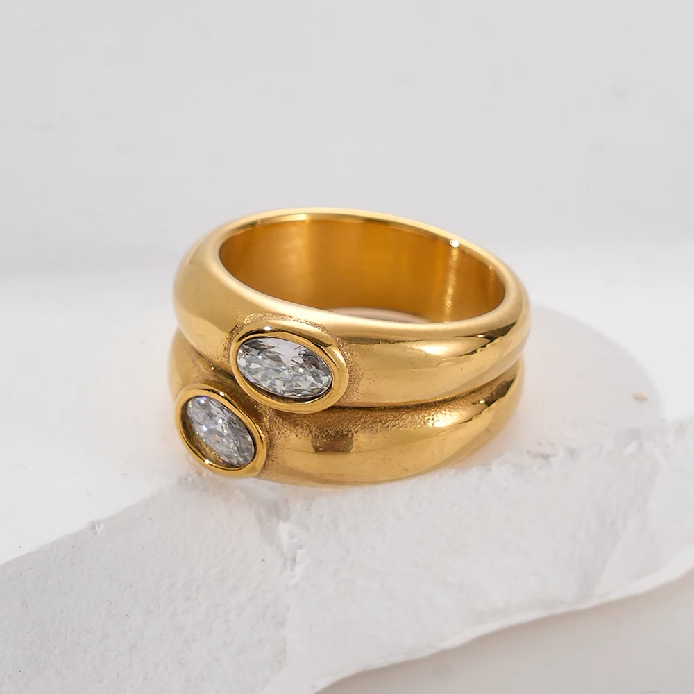 May@R1pc Vintage Stainless Steel Ring 14k Gold Plated Inlaid Zirconia White Emerald Or Black Match Daily Outfits Party Accessory