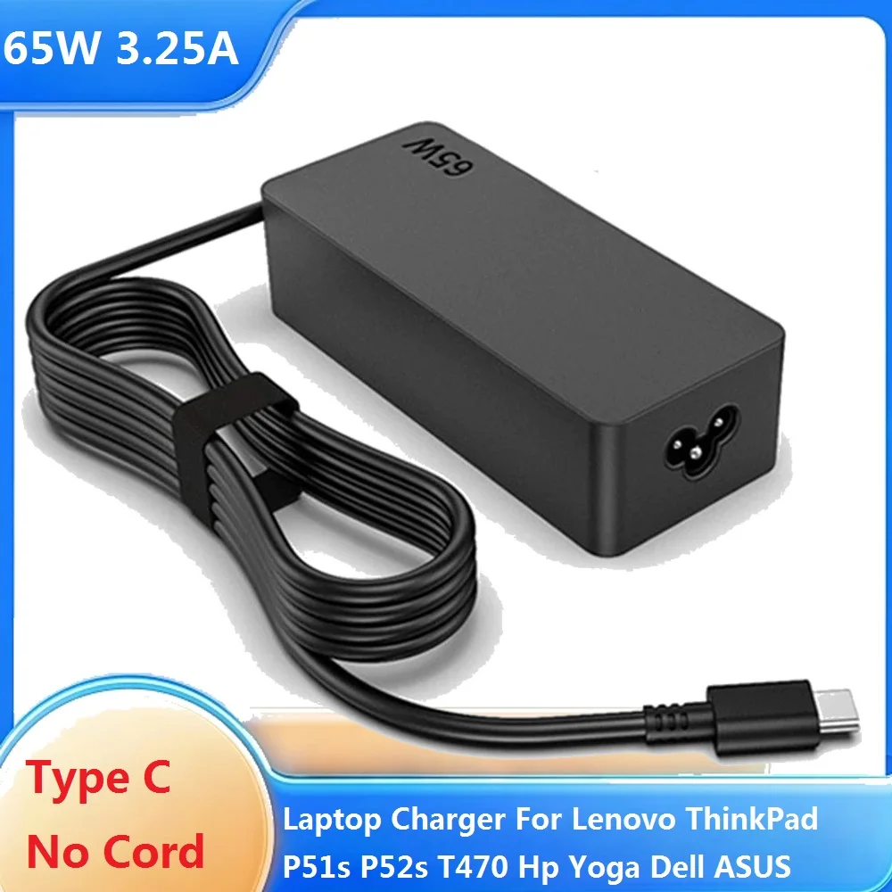 Cargador USB C de 65W 20V 3.25A para portátiles DELL, Lenovo ThinkPad, HP Chromebook Yoga, Huawei, Xiaomi, ASUS Carbon, tipo C, sin cable.