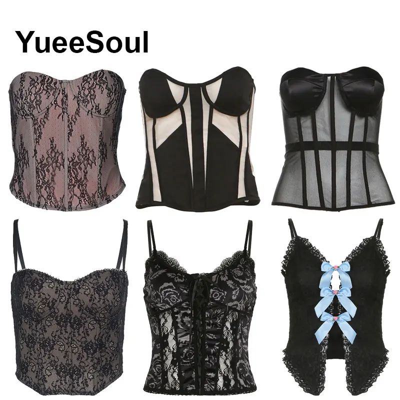 مشد أسود جديد لعام 2025 قمة صيفية عصرية لنوادي الحفلات في الشارع ملابس علوية ضيقة مثيرة بدون أكمام على الطراز القوطي Y2K ملابس نسائية