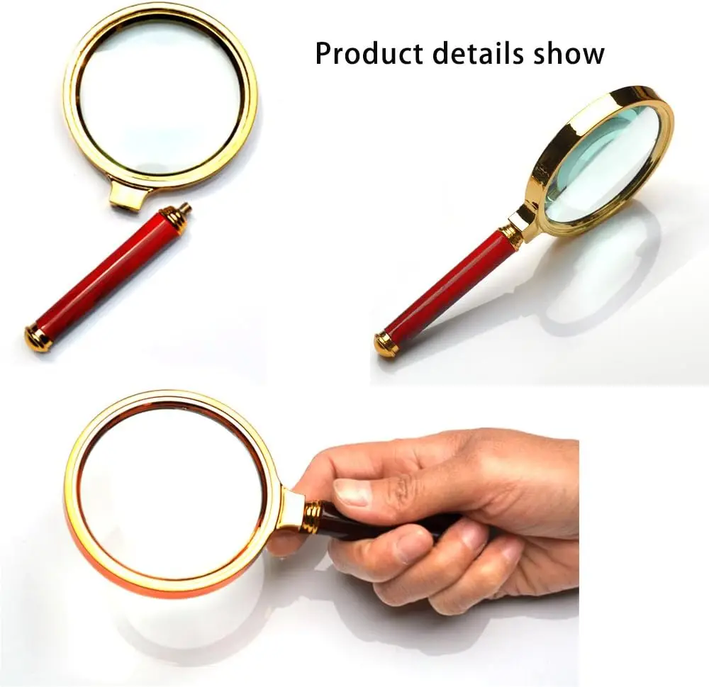 10X Handheld Magnifying Glass Antique Mahogany Handle Magnifier 60mm Lens For Science Seniors Reading Inspection