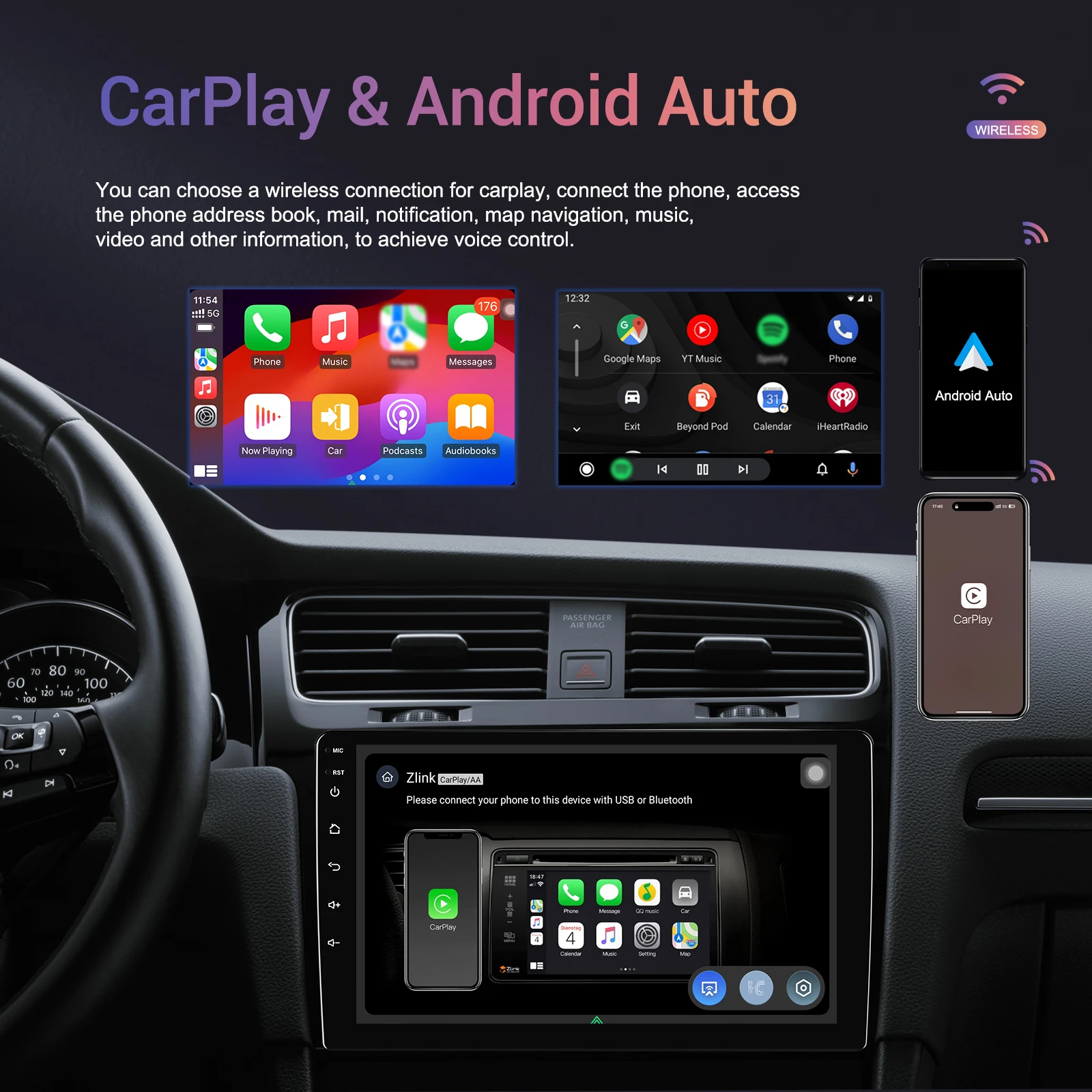 Podofo 2Din GPS Car Stereo Radio Carplay 8 core Car Multimedia Player with BT WIFI&4G DSP EQ FM Suppport Rear View Camera