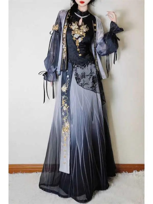 

Hanfu Женская мода Улучшенная длина талии Han Elements Повседневный весенне-летний костюм Подтяжки Длинная юбка Короткая юбка