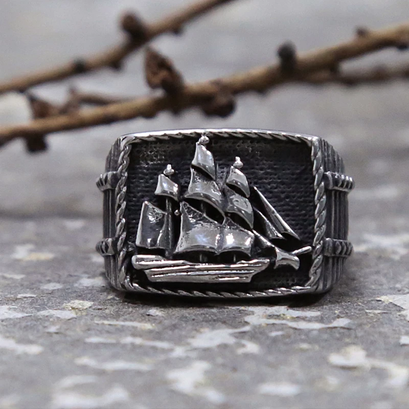 Vintage Pirate Sailboat Viking Ring Men's Stainless Steel Biker Ring Cool Male Gothic Sailor Lucky Amulet Jewelry Wholesale