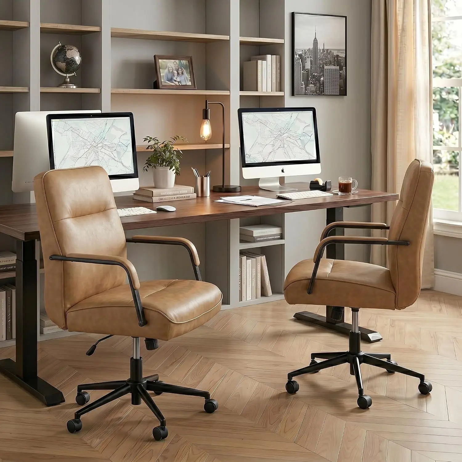 2 Pack Ergonomic Office Chairs for Home, Camel Faux Leather Task Seating with Lumbar Support, Swivel Wheels, and Padded Armrests