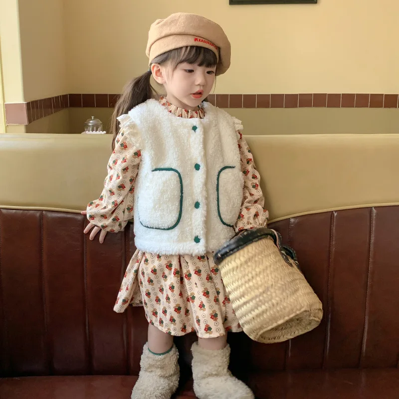

Girls Suits Fleece Dress 2024 Winter New Korean Version Children Floral Princess Skirt Plush Vest Two-piece Set Clothes Fashion