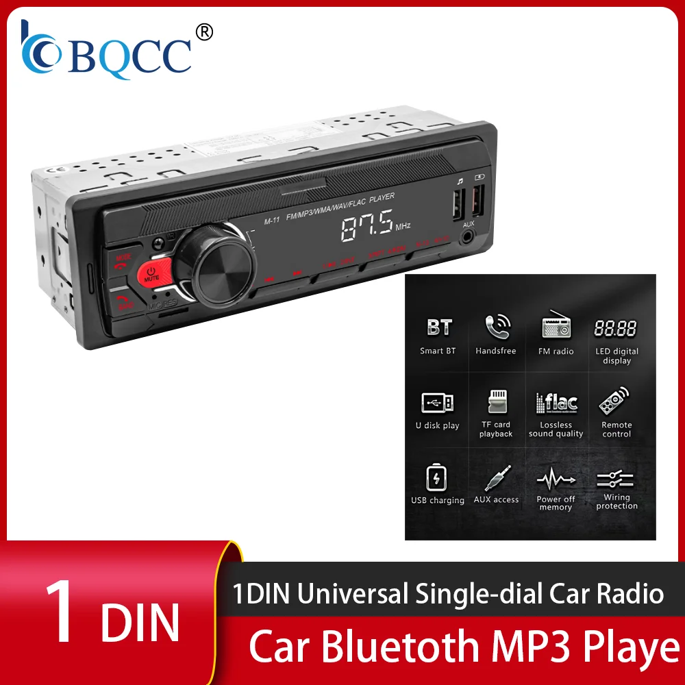 1DIN Universal BQCC M11 Car Bluetooth MP3 Player Single Knob Design FM Radio USB Charging AUX Input Vehicle Stereo Audio