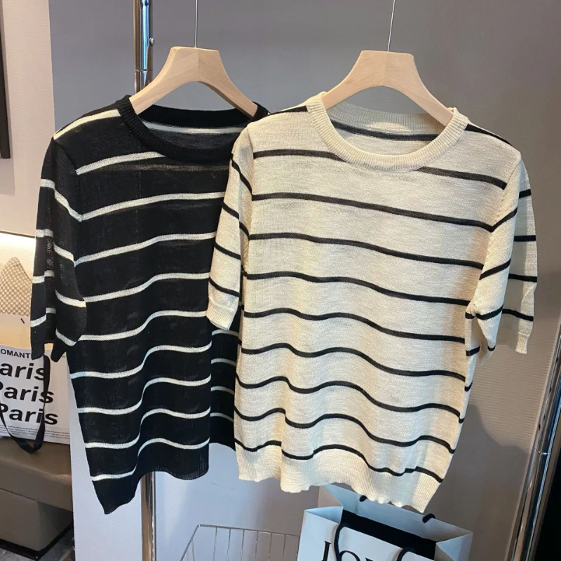 

Versized Women Summer Wear Big Size Women Knitwear Clothing Ice Silk Knitted Tops Shows Short Sleeve Stripe Print T-shirt Q96