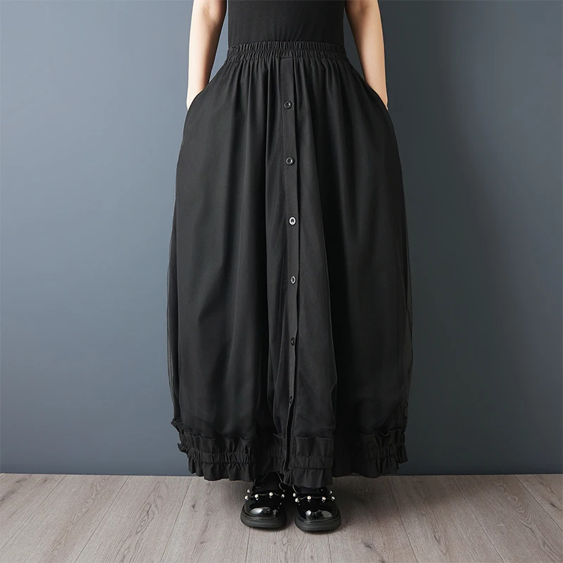Slimming A-Line Midi Skirt with Lace Paneling And Hem Dark Style Casual High Waist Polyester Cotton Blend Skirt