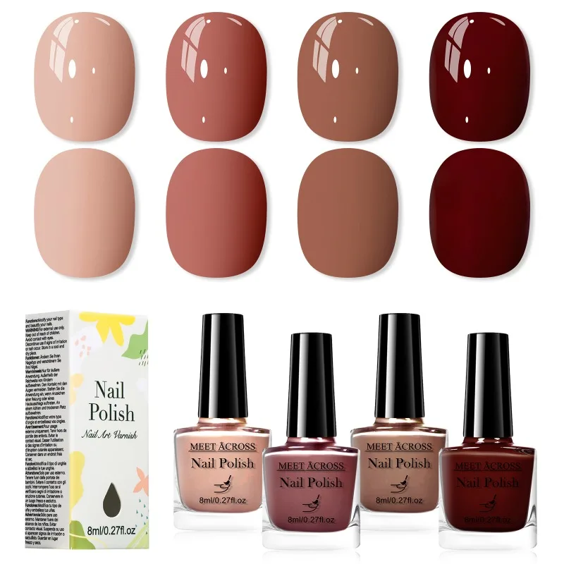 4Pcs/Set 8ml Pink Brown Glass Bottle Gel Nail Polish Set NoWipe Top Soak Off UV LED Nail Lacquer Glitter Color Art Nail Polish