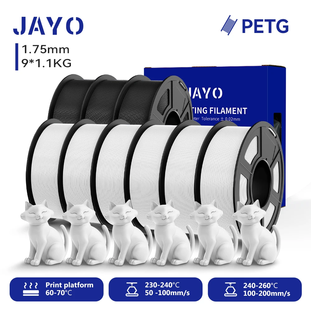 JAYO 9 Rollen 3D PETG/PETG Klares Druckerfilament 1,75 mm ±0,02 mm Hohe Zähigkeit & 100 % ordentlich gewickeltes Filament, passend für 99 % der 3D-FDM-Drucker