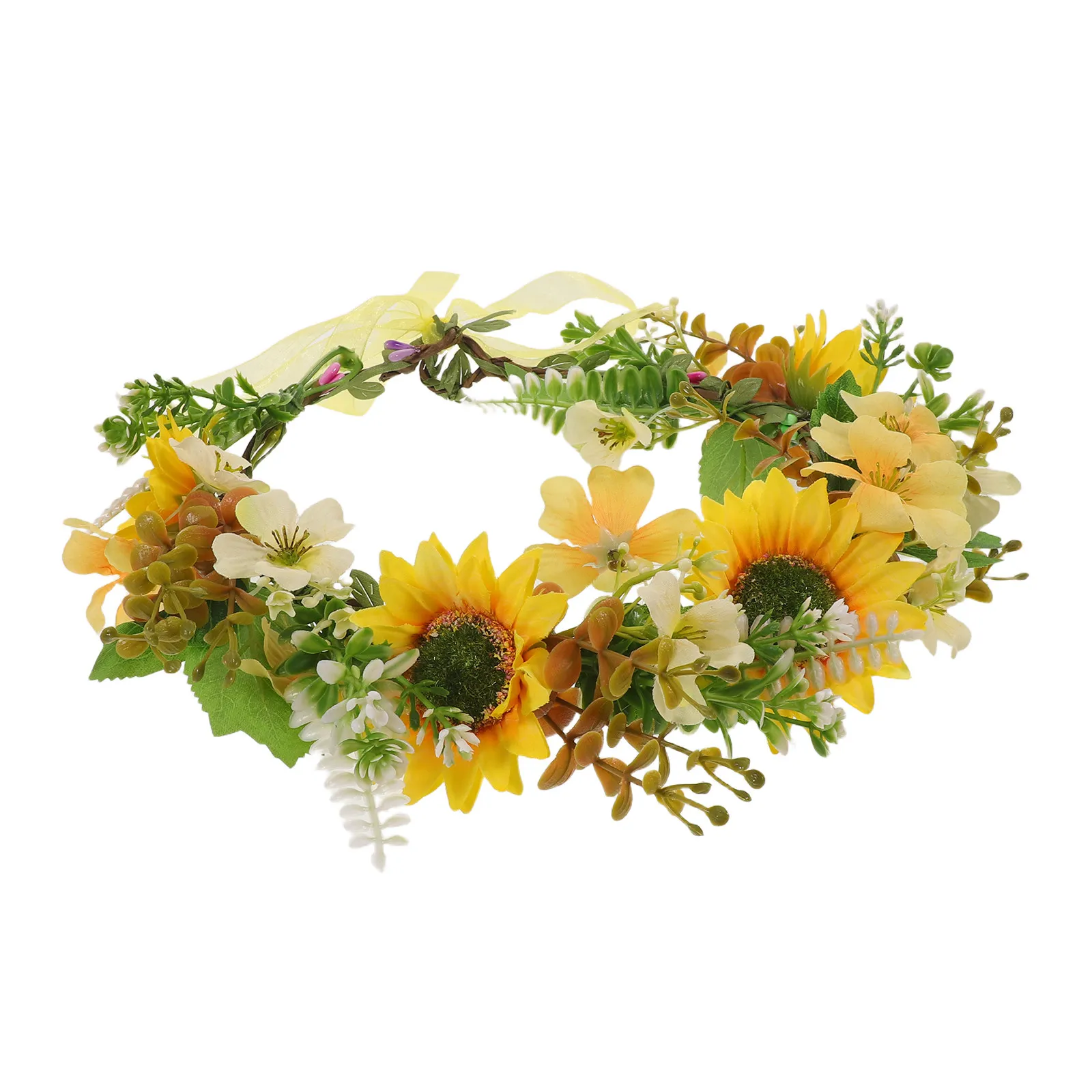 Sunflower Crown Headband with Vibrant Realistic Sunflowers Green Leaf Wreath Floral Hair Accessory for Wedding Festival Photo