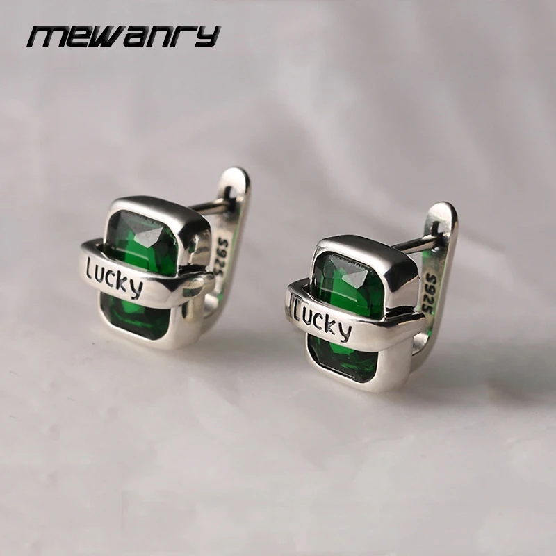 MEWANRY Prevent Allergy LUCK Green Zircon Earrings for Women Vintage Geometric Charming Simple Punk Chic Birthday Jewelry Gifts