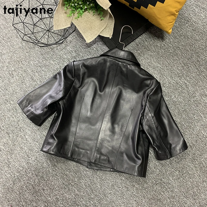 Tajiyane Fashion Autumn Genuine Leather Short Coat Women Short Sleeve Double Breasted Outwear Office Lady Sheepskin Suit Jacket