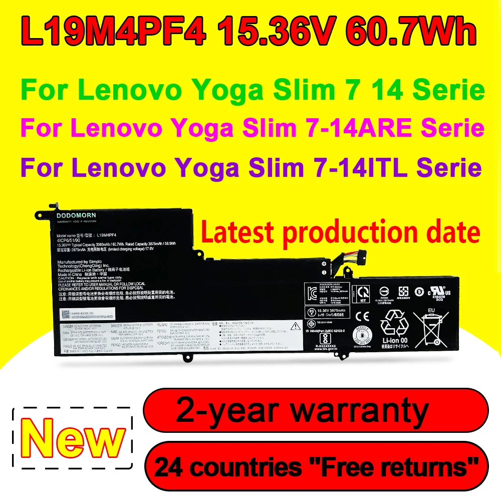 

NEW Laptop Battery For Lenovo Ideapad Yoga Slim 7-14IIL05 YOGA 14sARE 14s 2020 L19C4PF4 L19D4PF4 L19M4PF4 15.36V 60.7Wh