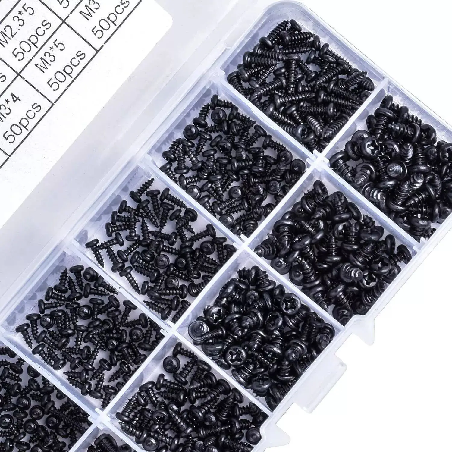 

Suitable for 500pcs boxed black carbon steel cross disc head round head screw self tapping screw M2-M3 screw set