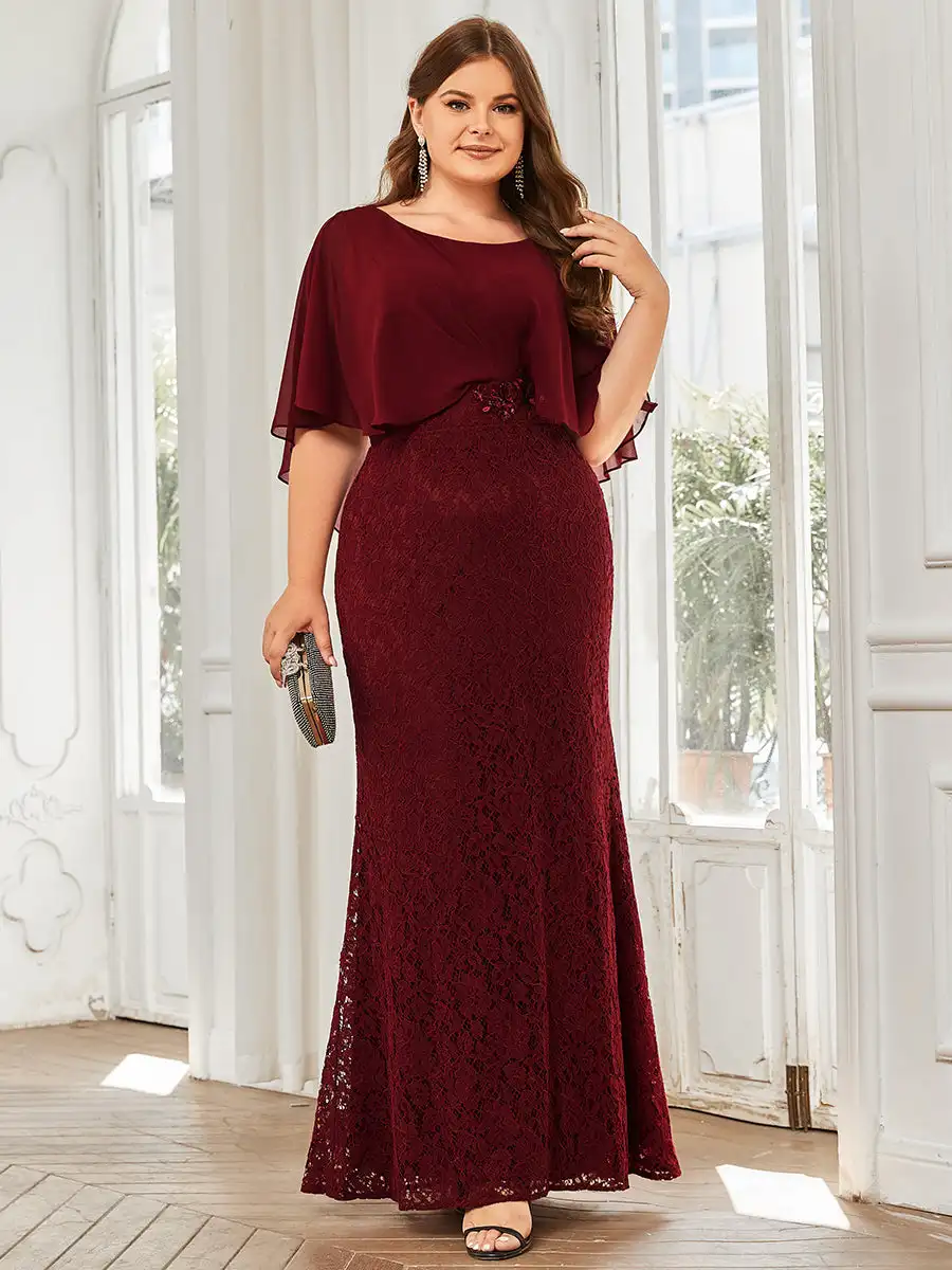 Plus Size Elegant Evening Dresses Fishtail Ruffles Sleeves O-Neck Floor-Length 2024 Ever Pretty of  Burgundy Bridesmaid Dresses