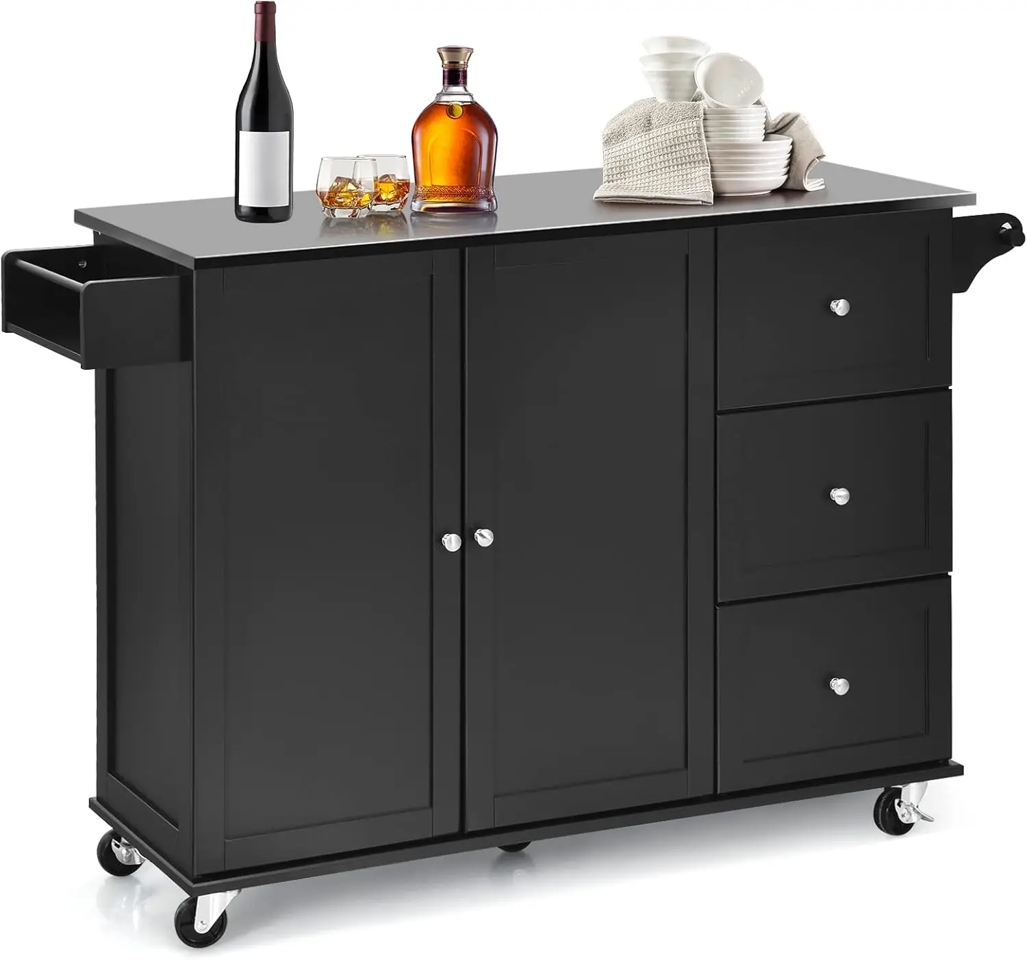 Kitchen Island with Stainless Steel Top, Rolling Kitchen Trolley Cart with Storage Cabinet, 3 Drawers, Towel & Spice Rack(Black)