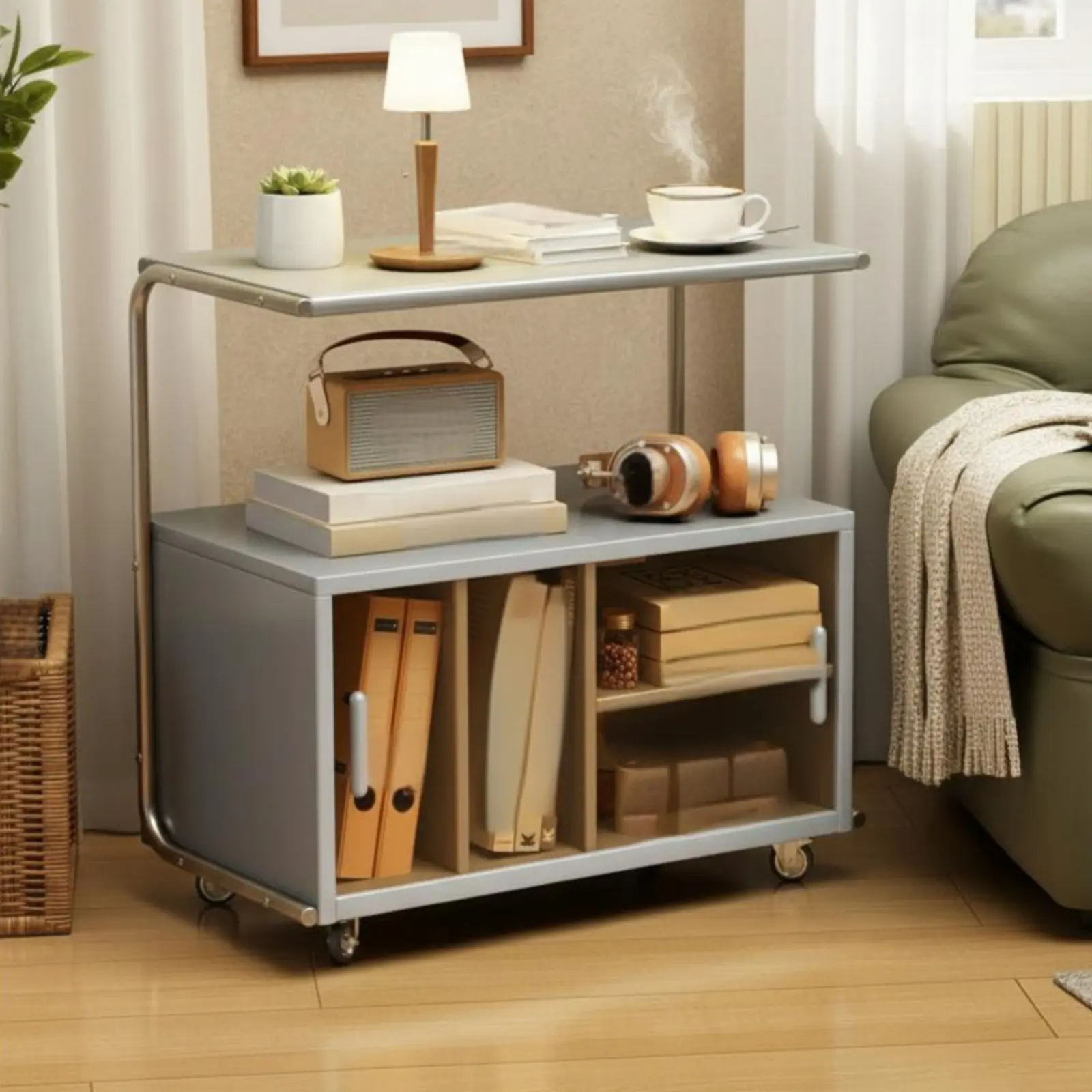 2-Tier Rolling End Table Full Wood Construction Storage Rolling Table Multi-Functional Built-in Handle for Homeowners, Students view 5