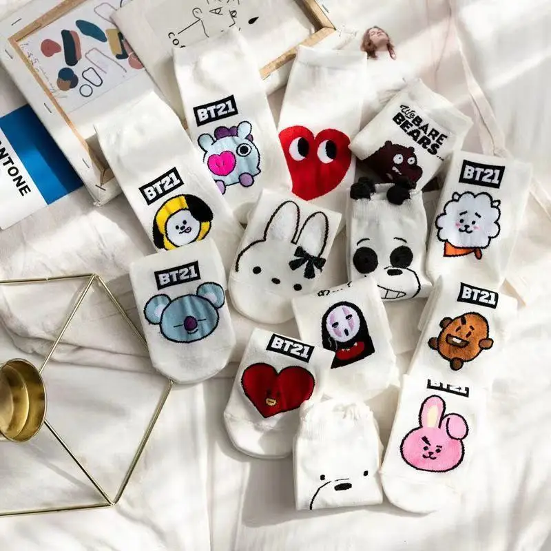 BT21 Kawaii Anime Cartoon Baby Series Bawełniane skarpetki w cukierkowym kolorze Ciepłe pończochy Jesienne i zimowe wełniane skarpetki Śliczny prezent urodzinowy