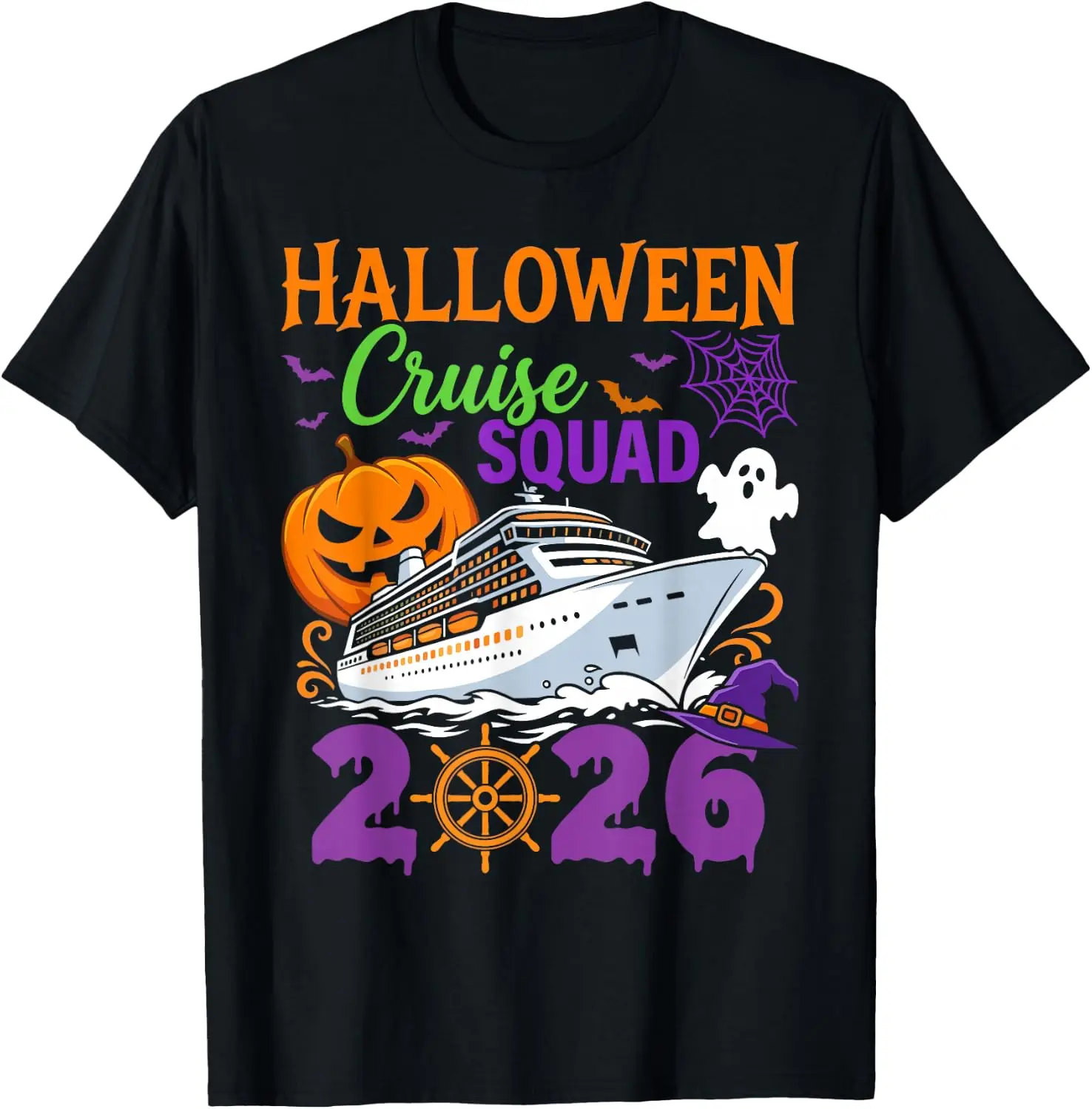 Halloween Cruise Squad 2026 T-Shirt Vintage Style Graphic T‑Shirt, Retro Tee, 100% Cotton Soft Lightweight Crew Neck Unisex Casual Short Sleeve Tops For Men Women Daily Wear