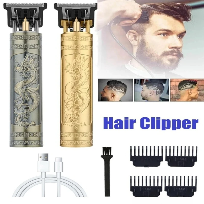 Electric Beard Trimmer Cordless Rechargeable T9 Hair Clipper Gold Blade Professional Barber Shaver for Men Grooming Set 4 Combs