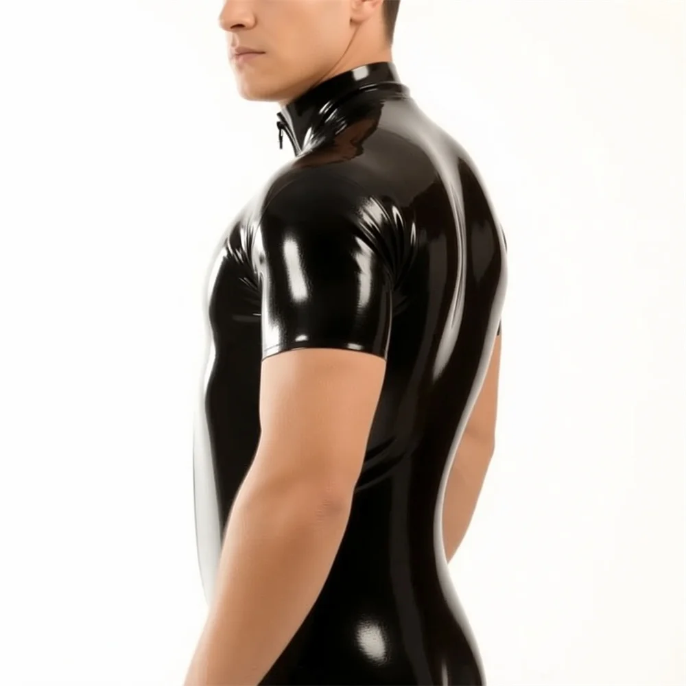 

Black Latex Short Sleeve Shirt for Men Front Zipper High Neck Rubber Top Handmade Cosplay customized