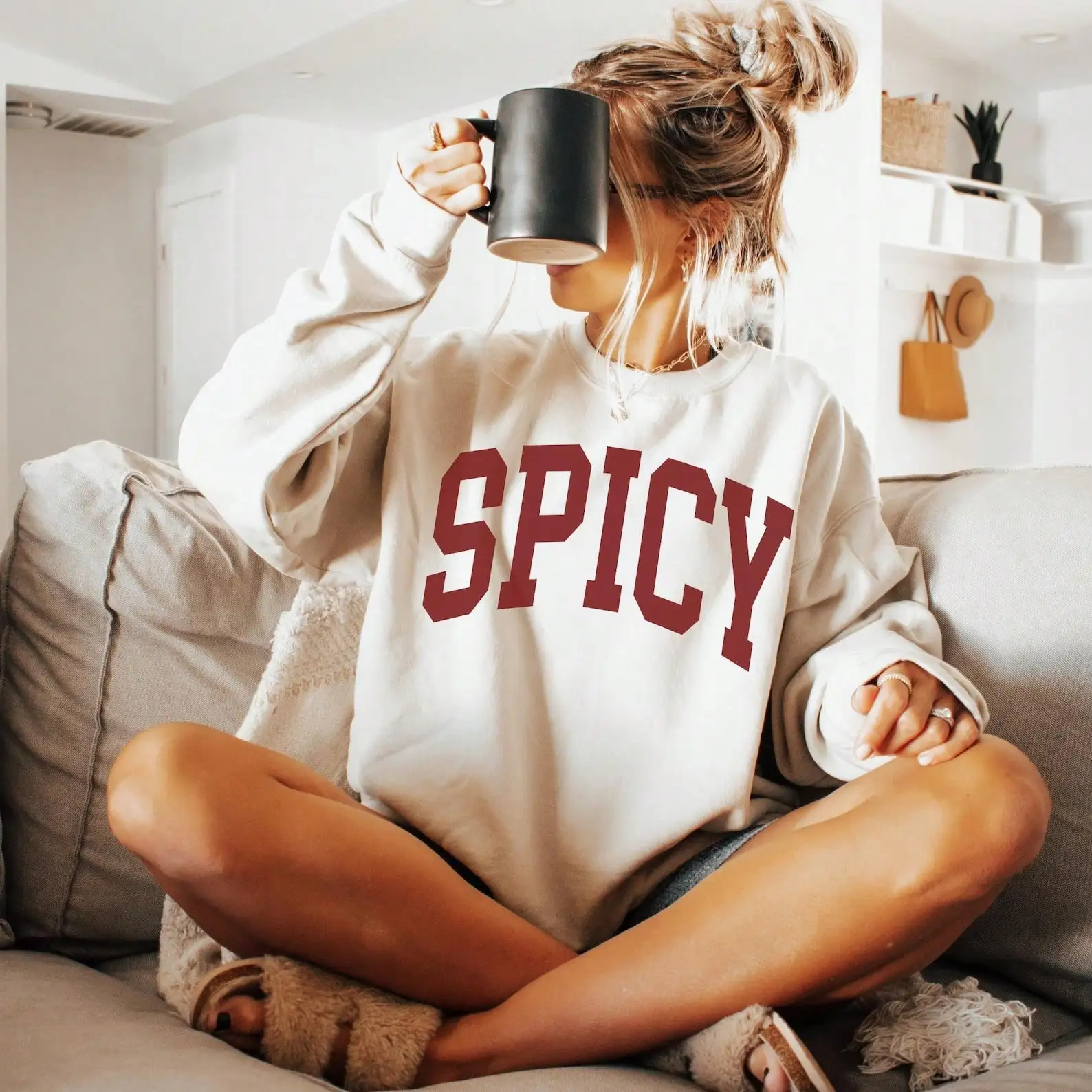 

Oversized Crewneck Sweatshirt with Bold Letter Print, Soft Cotton Blend, Casual Loose Fit