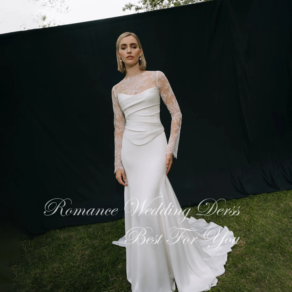 Elegantes O-Ausschnitt-Spitze-Meerjungfrau-Hochzeitskleid mit Spaghettiträgern für Damen, 2026, lange Ärmel, offener Rücken, Falten, Vestidos de Novia, individuell