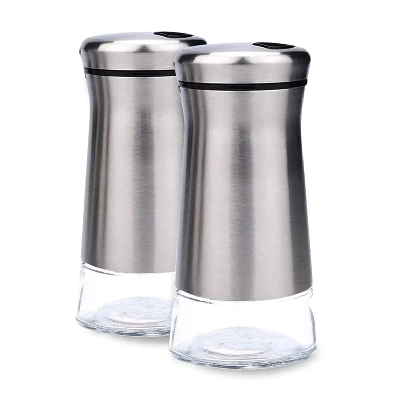 Stainless Steel Salt and Pepper Shakers Set with Glass Base Salt and Pepper Shakers with Adjustable Holes