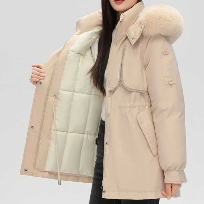 New Women's Down Cotton Coat, Long Winter Cold Warm Padded Jackets, Female Korean Loose Hooded Fur Collar Parker Cotton Clothes