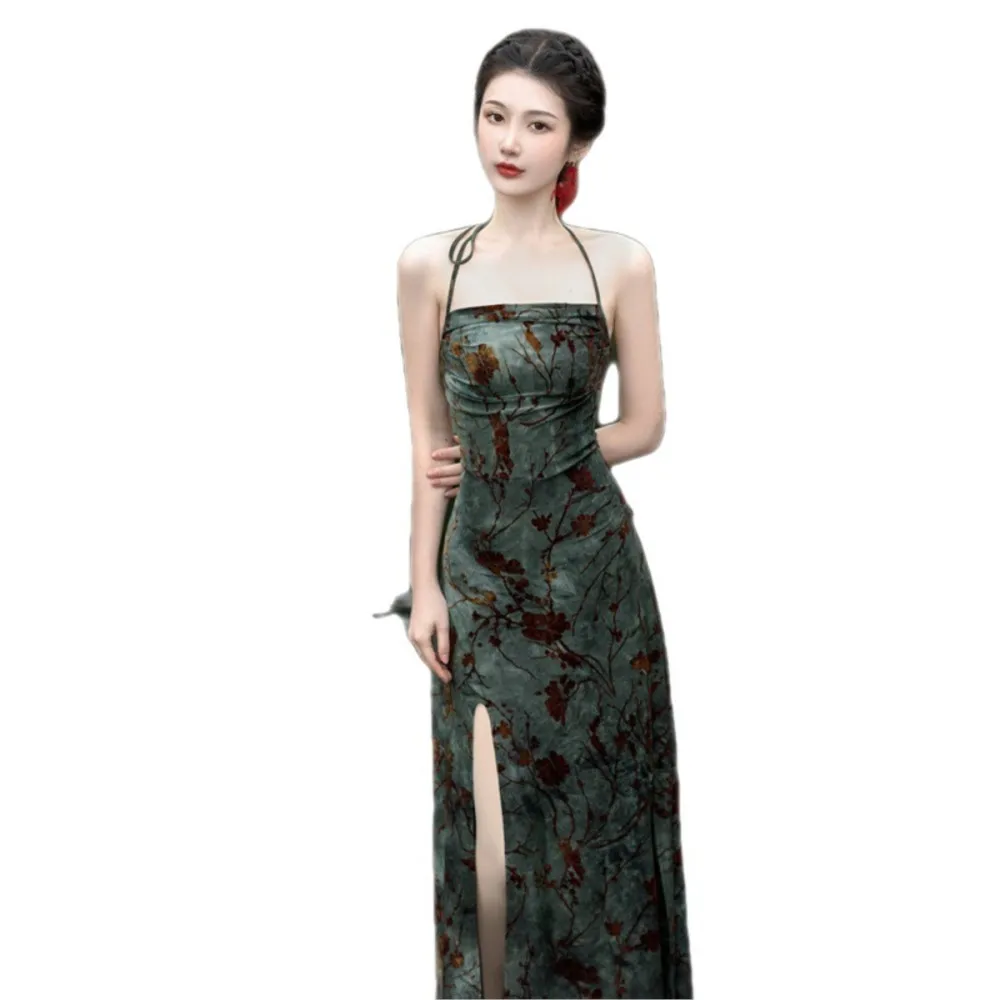 Spring New Tie Dyed Flocking Vintage Green Lace up dress Top Set