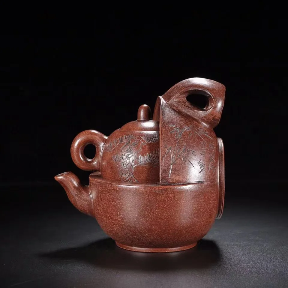 Unique Old Chinese YiXing Handcraft puyple Clay Teapot,A pot in a pot, with mark, Free shipping