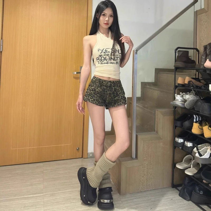 

Sexy Hot Girl Leopard Print Retro Denim Shorts for Women New Low Waist Slim Straight
