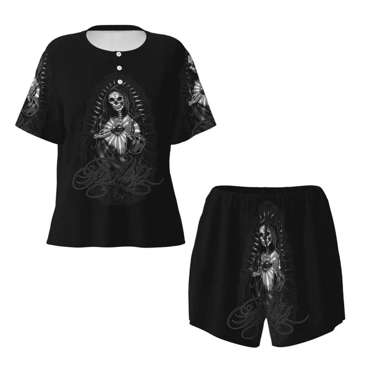 Santa Muerte Spanish Holy Death 4 Round Neck Short Sleeve Nightgowns for Sleeping Sleepshirts Women Soft Pajama Set Short Pants