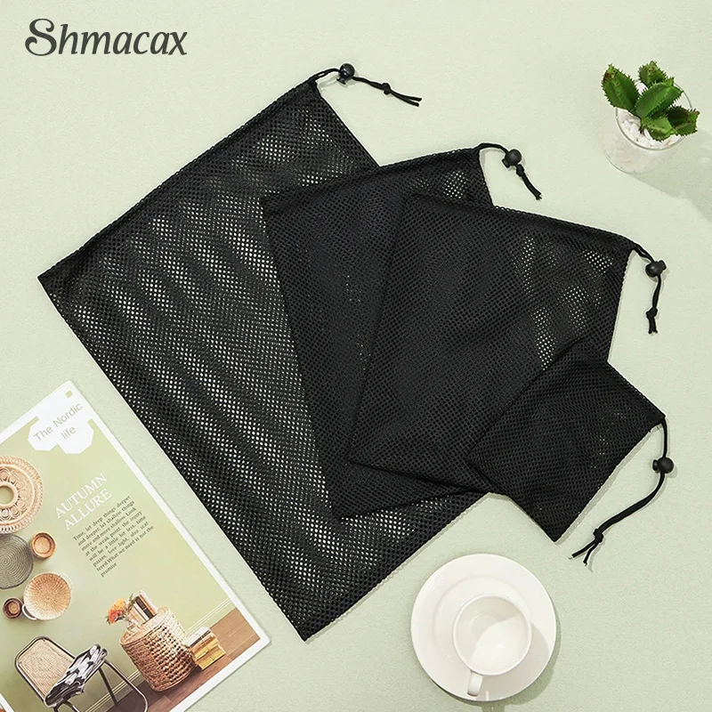 Black White Durable Mesh Drawstring Bag Storage Pouch Multi Purpose Home Travel Outdoor Activity Laundry Bag Stuff Sack