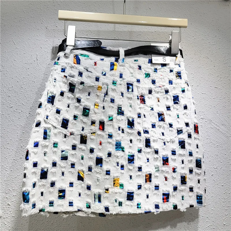 HKSH Women Chic Short Skirt Distressed Vinatge Denim Studded Colorful Diamonds Versatile Streetwear A-line Skirts Summer HK20872