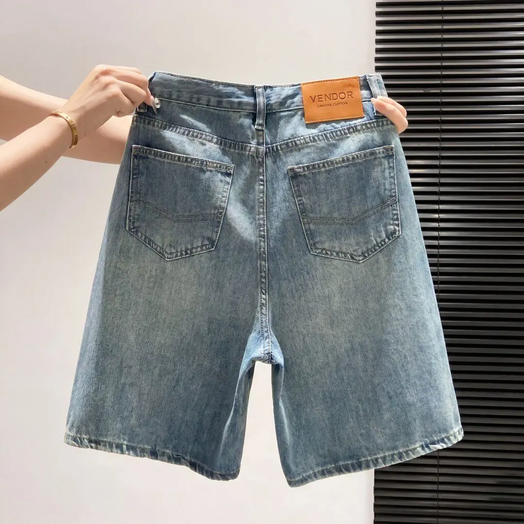Light Wash High Waist Wide Leg Five-Point Short Jeans Women's Summer Thin Loose Fitting Straight Cut Cotton Stretch Denim