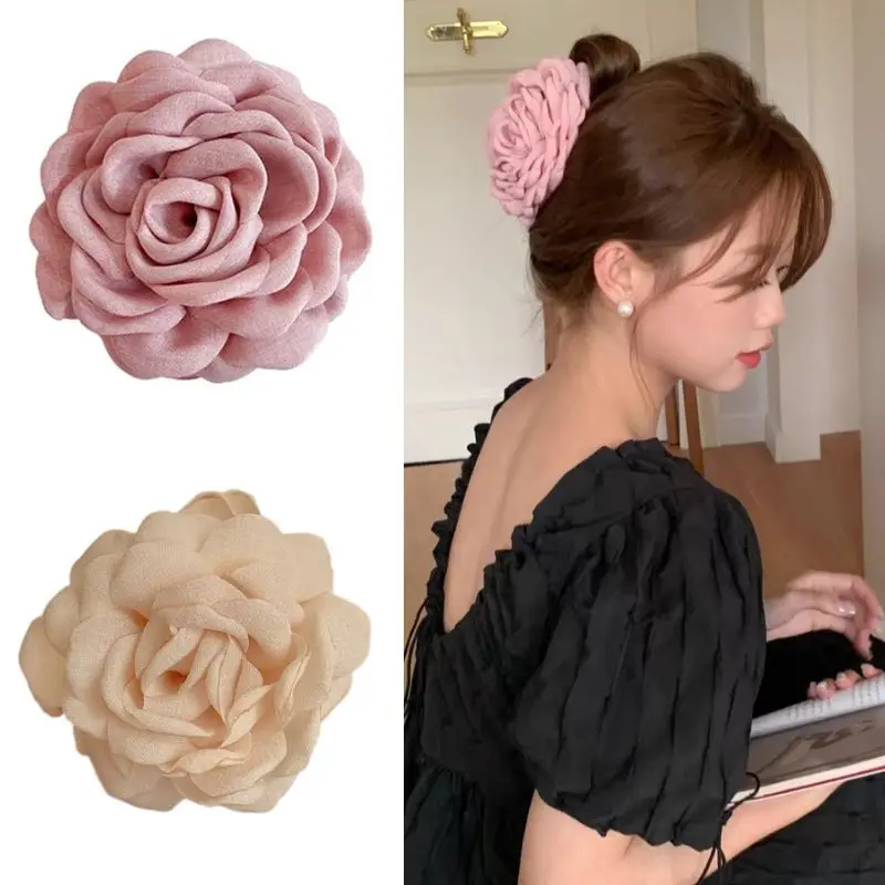 French Vintage Rose Hair Claw Clip Women Advanced Shark Hairpin Headwear Sweet Rose Flower Cloth Fabric Floral Hair Accessories