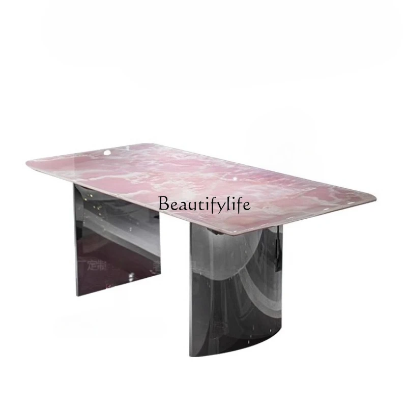 

Imported natural jade dining table powder jade marble luxury stone rectangular crystal dining table