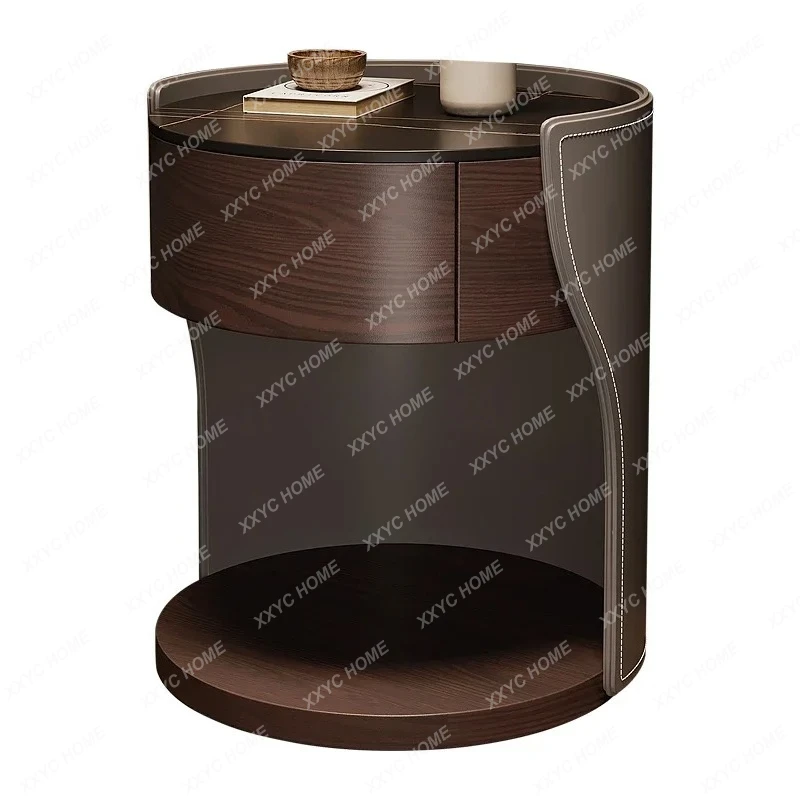 Semicircle Design Sense Stone Plate Solid Wood Creative and Slightly Luxury Bedside Table High-End Leather Small Side Table