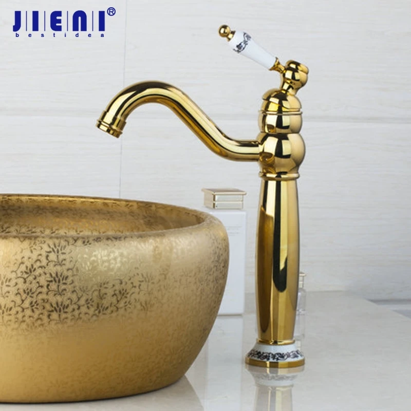 

JIENI Tall Polished Golden Swivel 360 Deck Mounted Brass Ceramic Single Handle Torneira Cozinha Tap Mixer Bathroom Basin Faucet